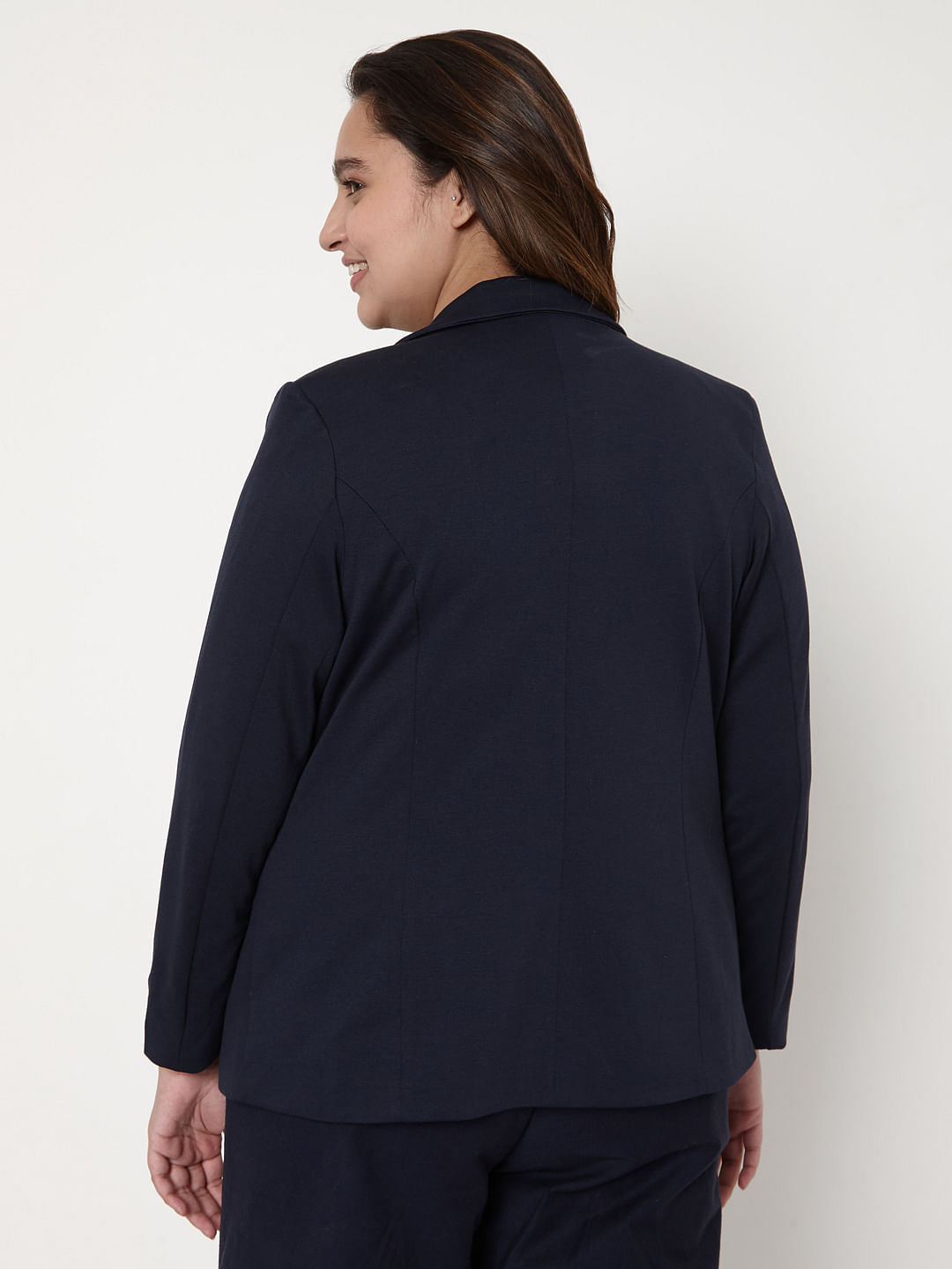 Curve Navy Blue Knit Formal Blazer