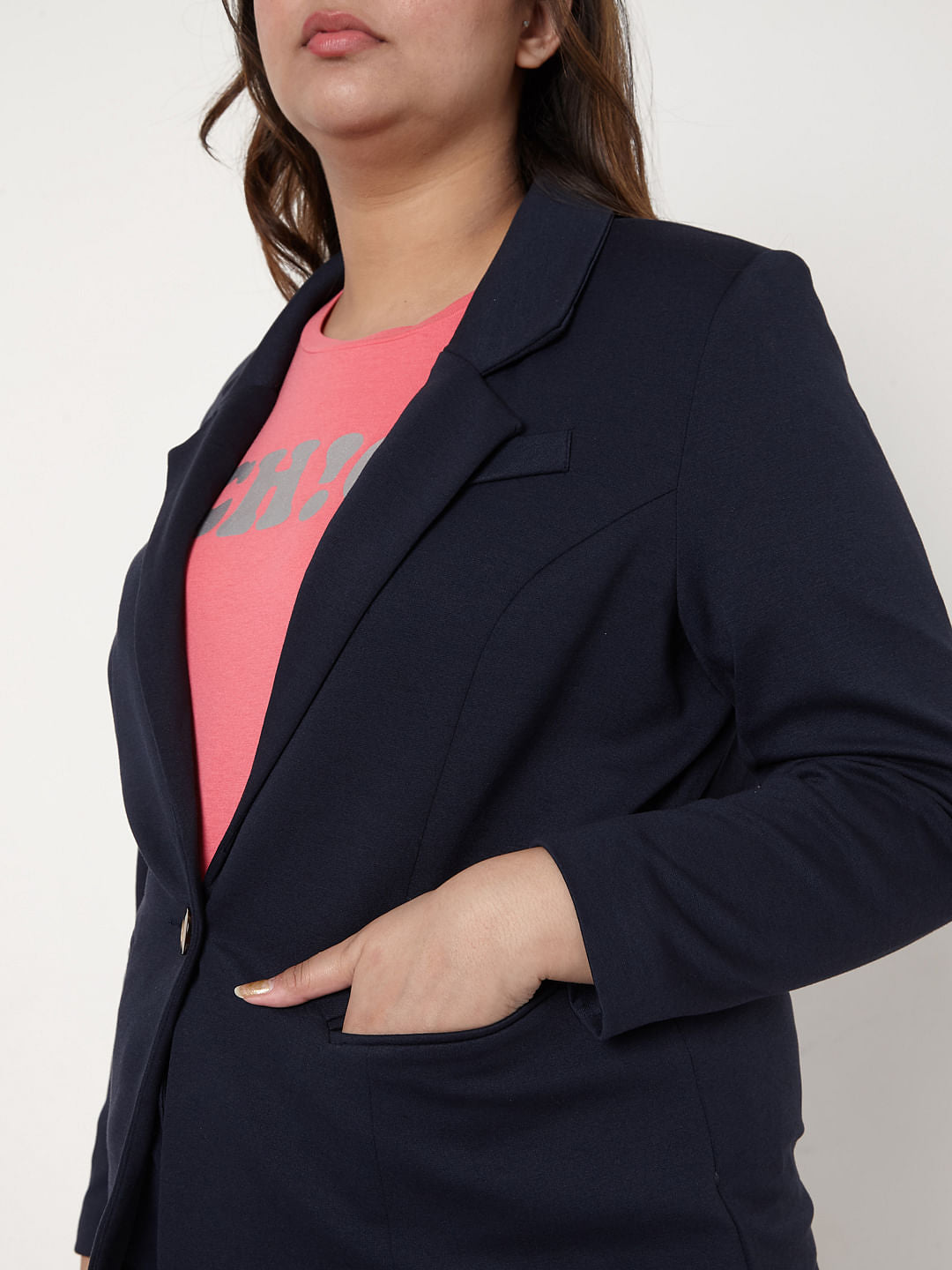 Curve Navy Blue Knit Formal Blazer