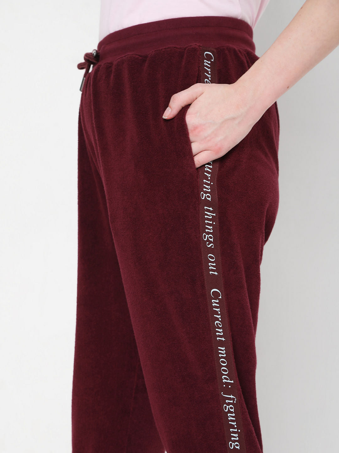 Maroon Mid Rise Tape Detail Joggers