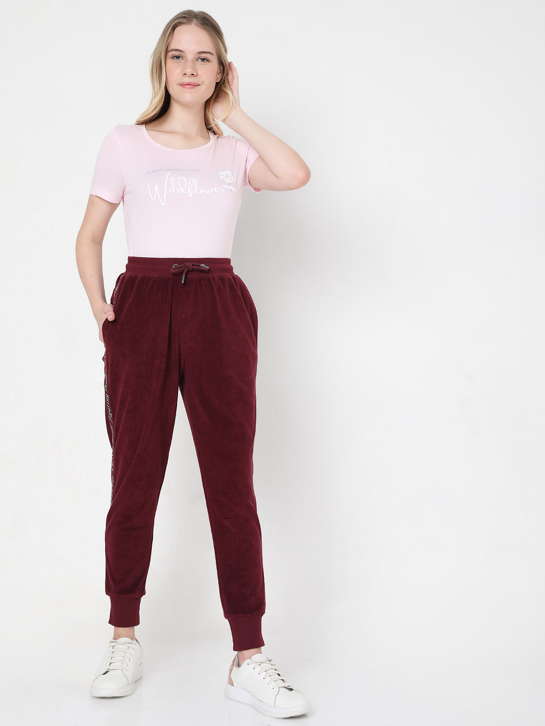 Maroon Mid Rise Tape Detail Joggers