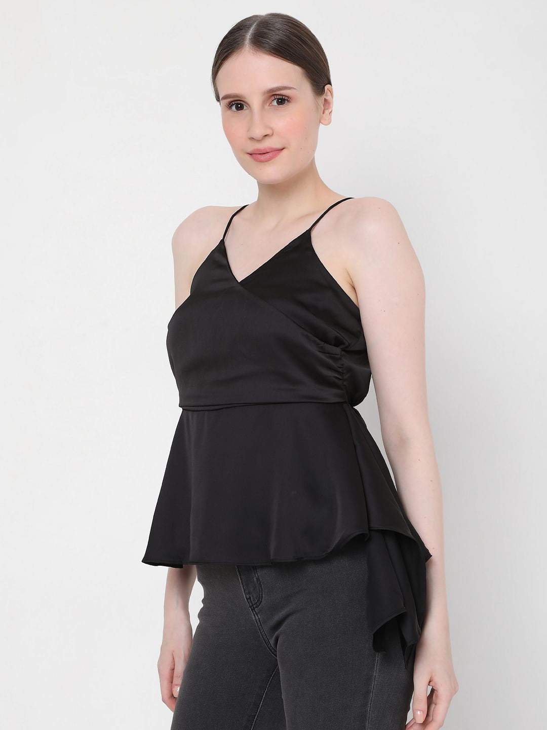 Black Strappy Wrap Peplum Top