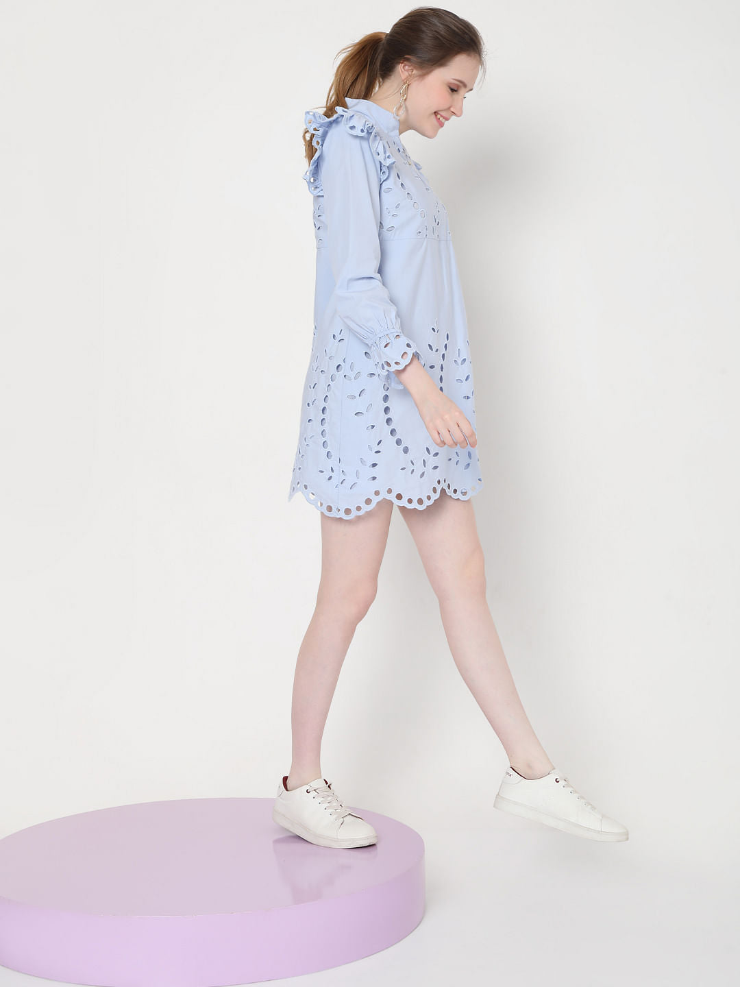 Blue Schiffli Embroidered Mini Dress