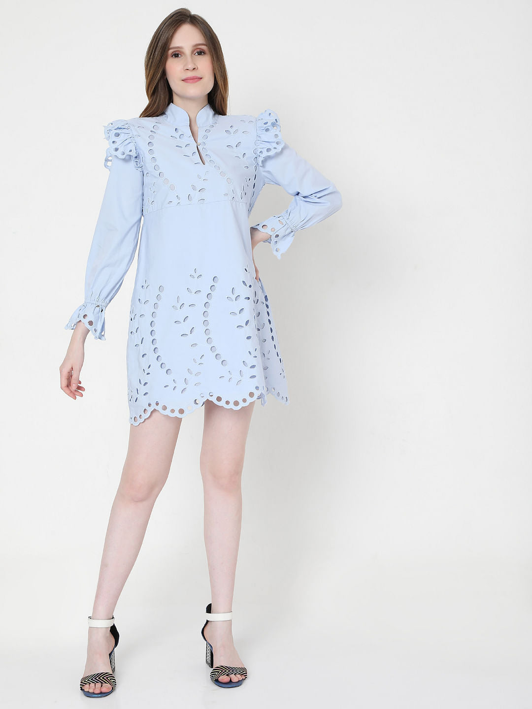 Blue Schiffli Embroidered Mini Dress