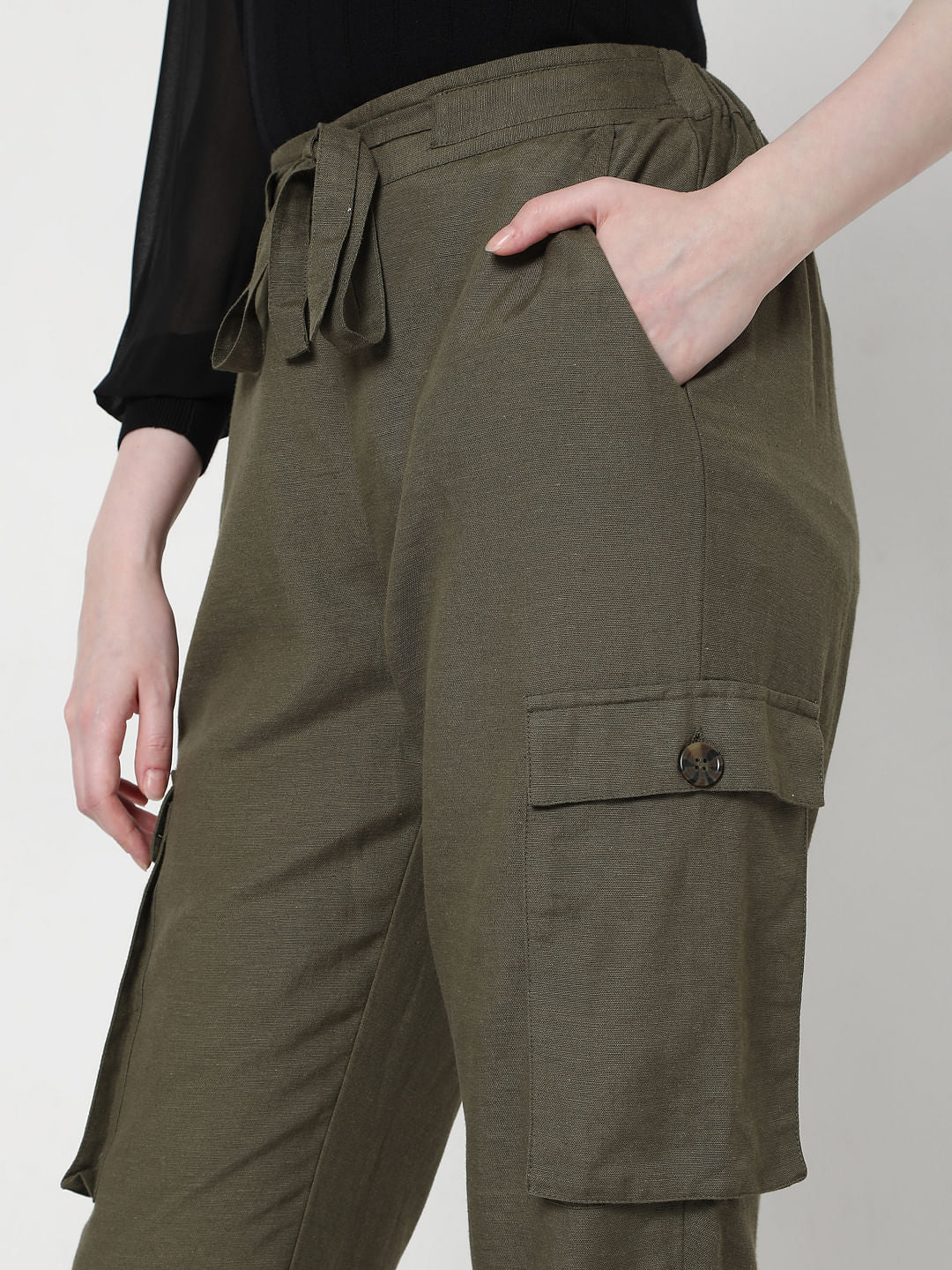 Green High Rise Tie Up Pants