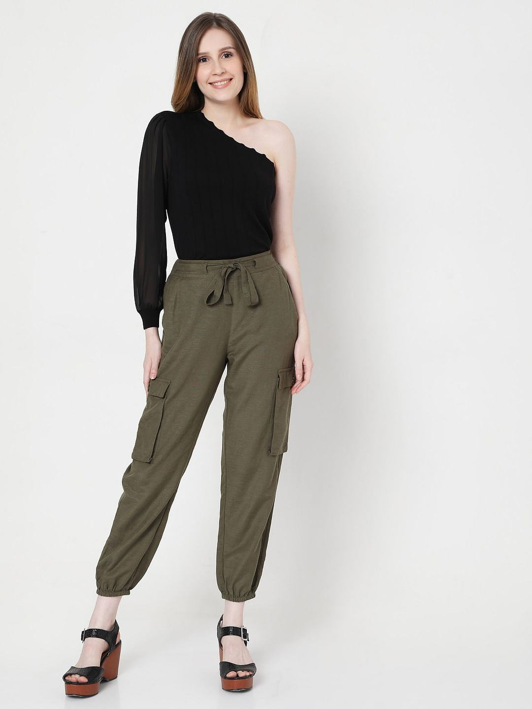 Green High Rise Tie Up Pants