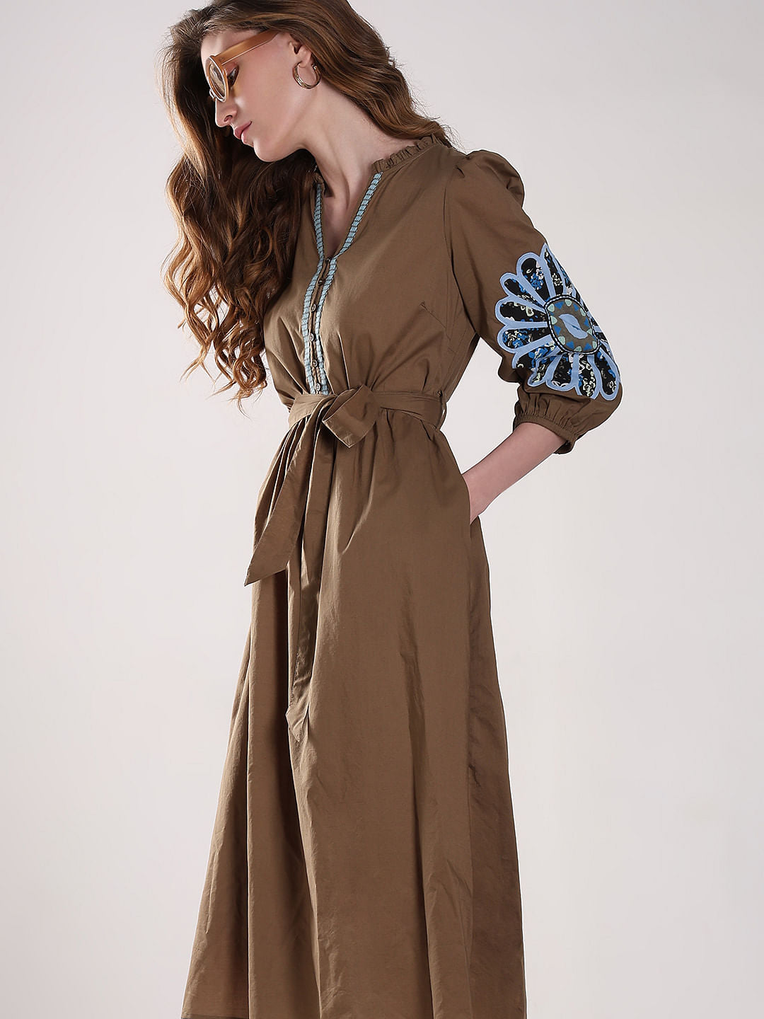 Brown Embroidered Midi Dress