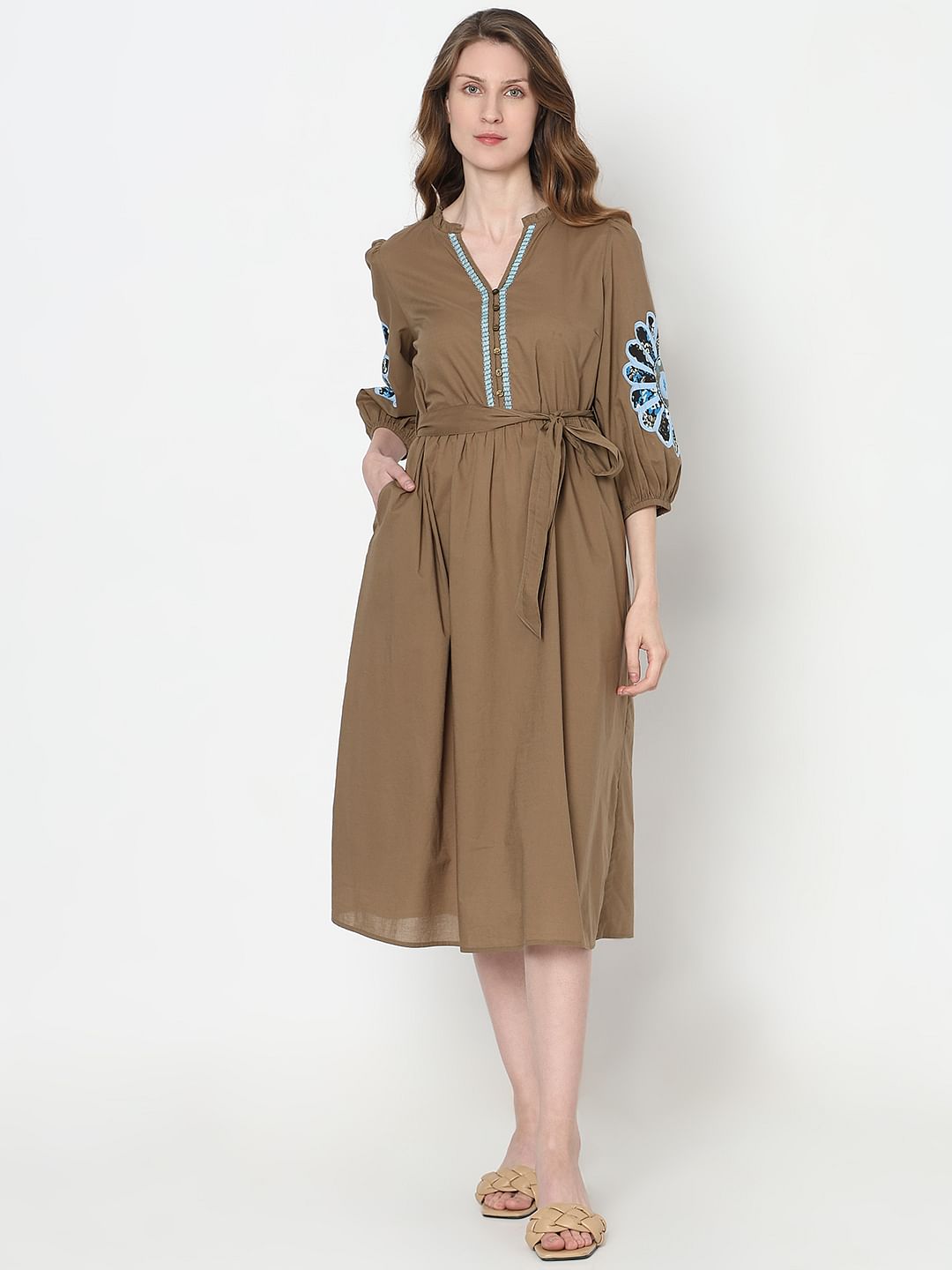 Brown Embroidered Midi Dress