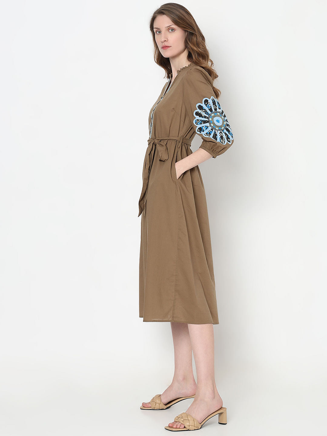 Brown Embroidered Midi Dress