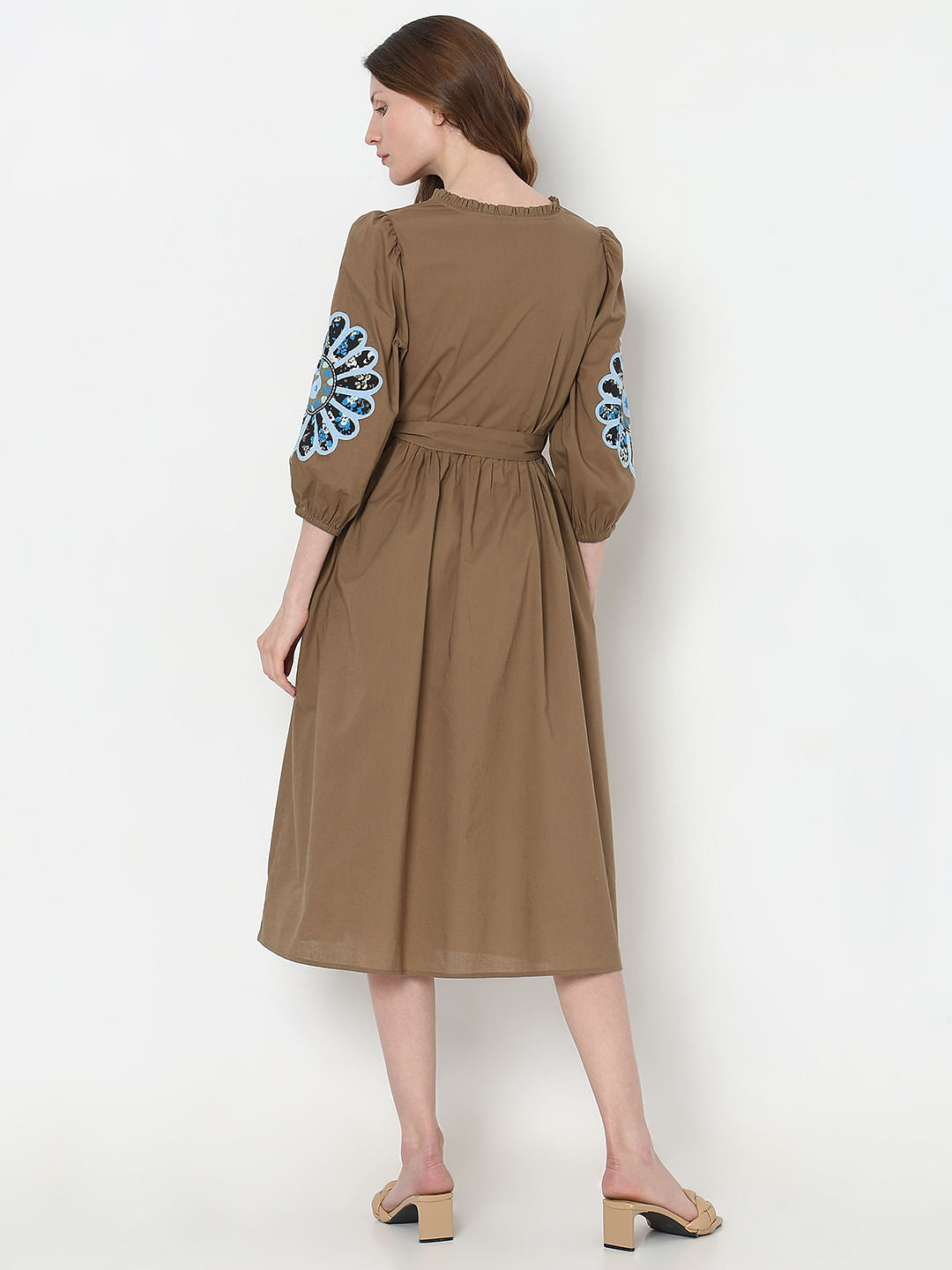 Brown Embroidered Midi Dress