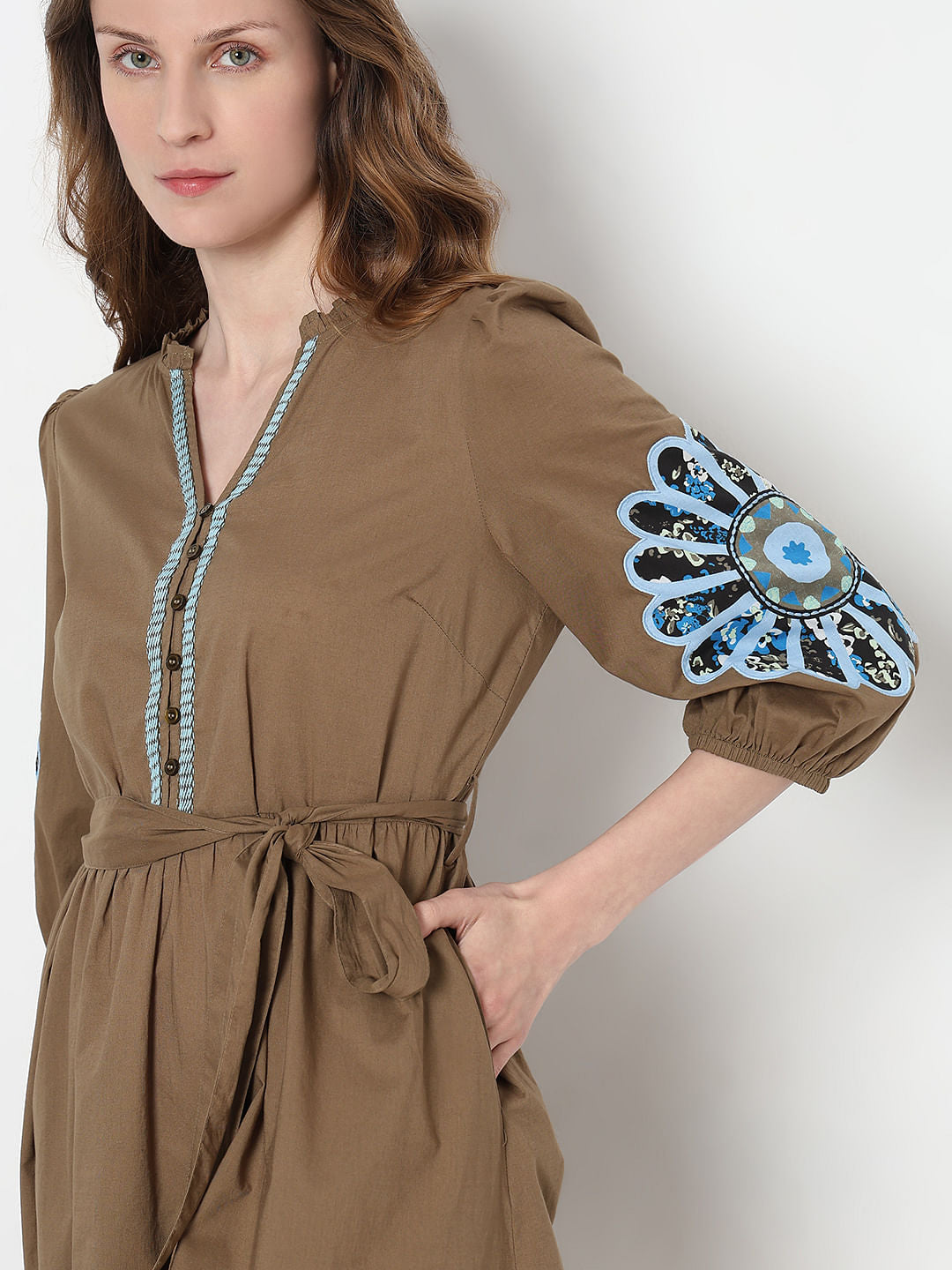 Brown Embroidered Midi Dress