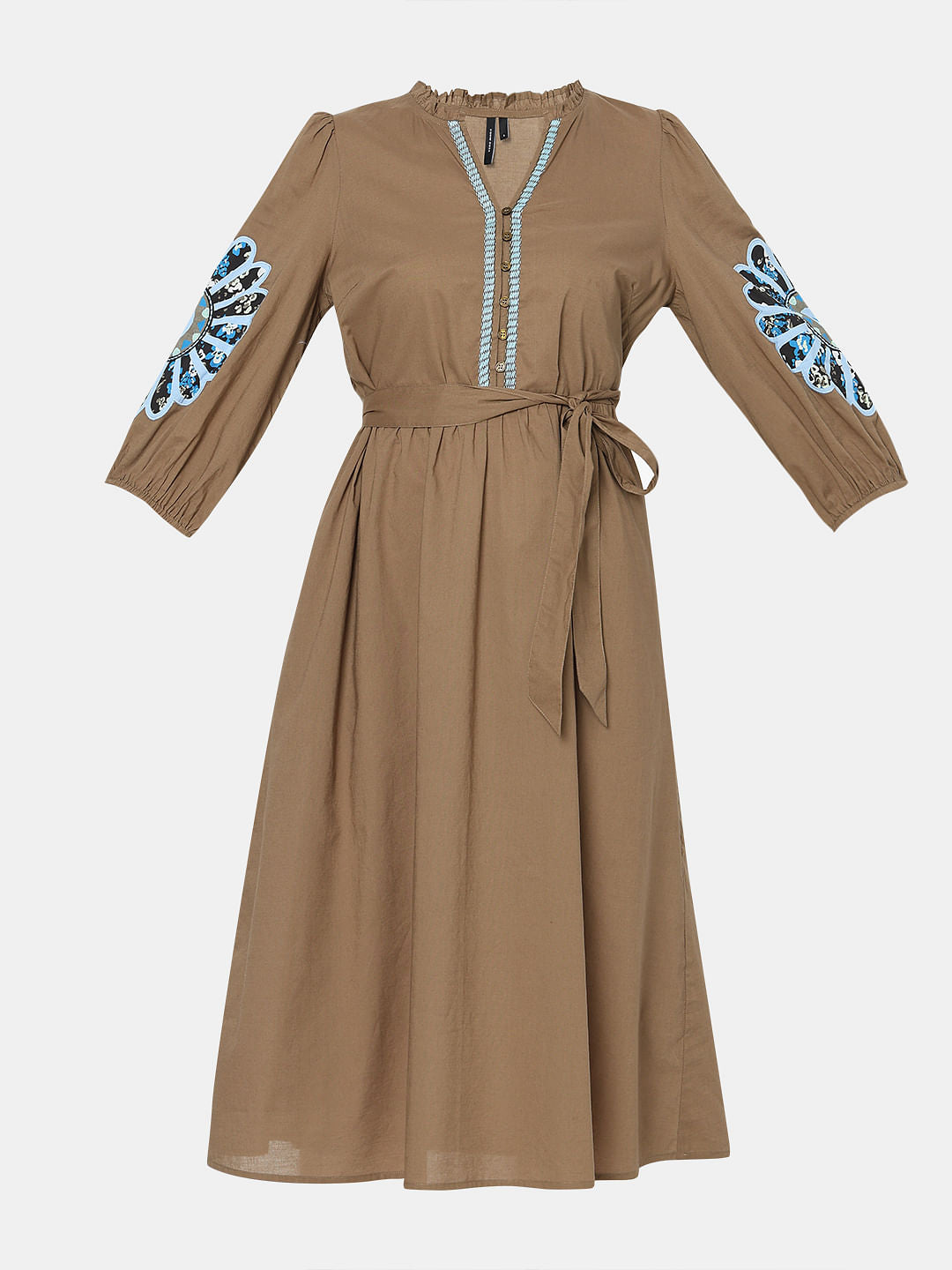 Brown Embroidered Midi Dress