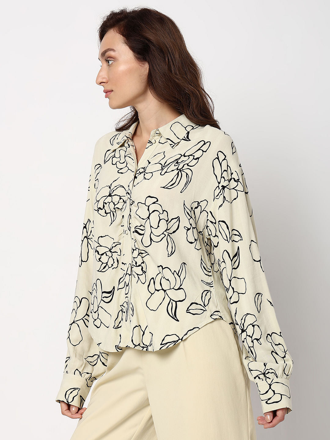 White Floral Print Regular Fit Shirt