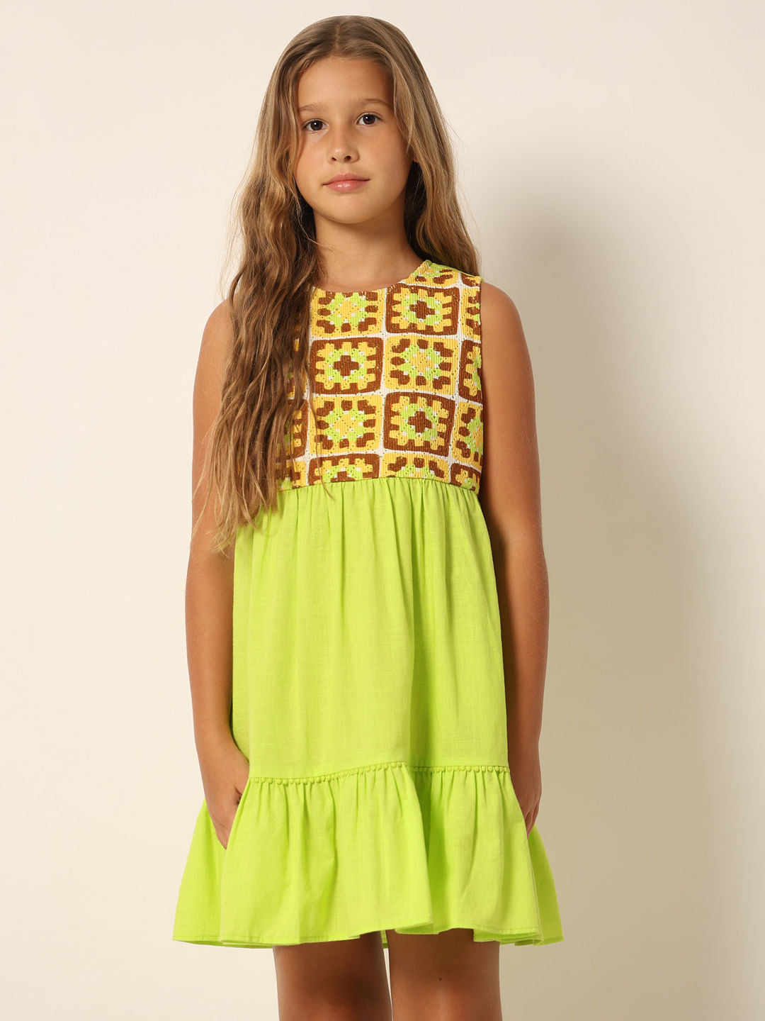 Green Crochet Detail Fit & Flare Dress
