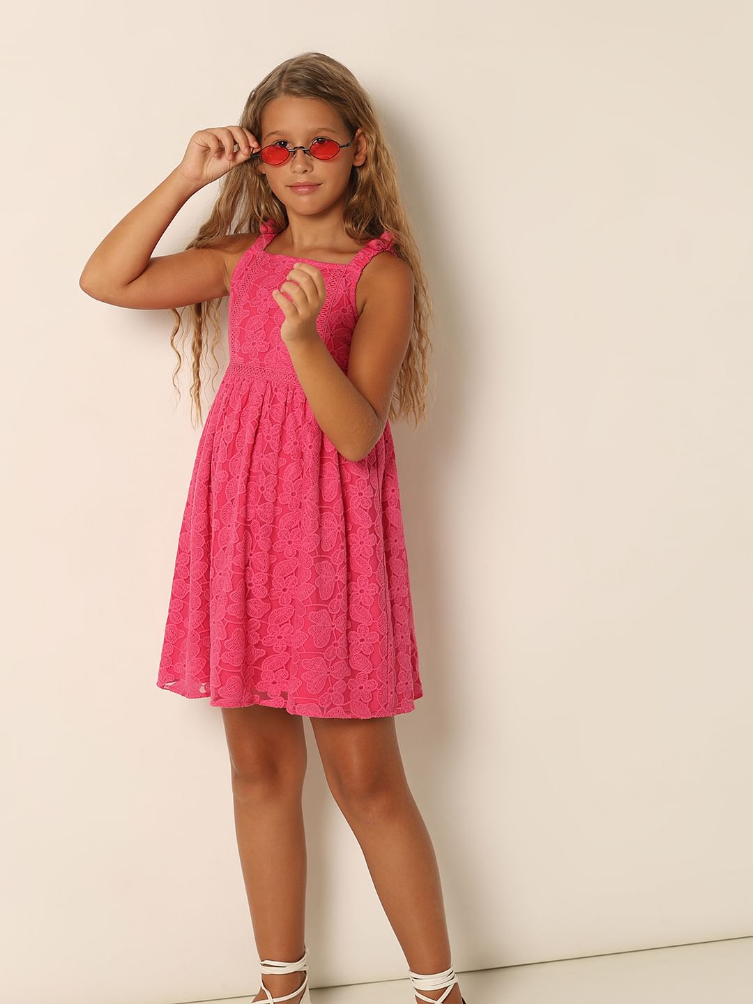 Girls Pink Lace Fit & Flare Dress