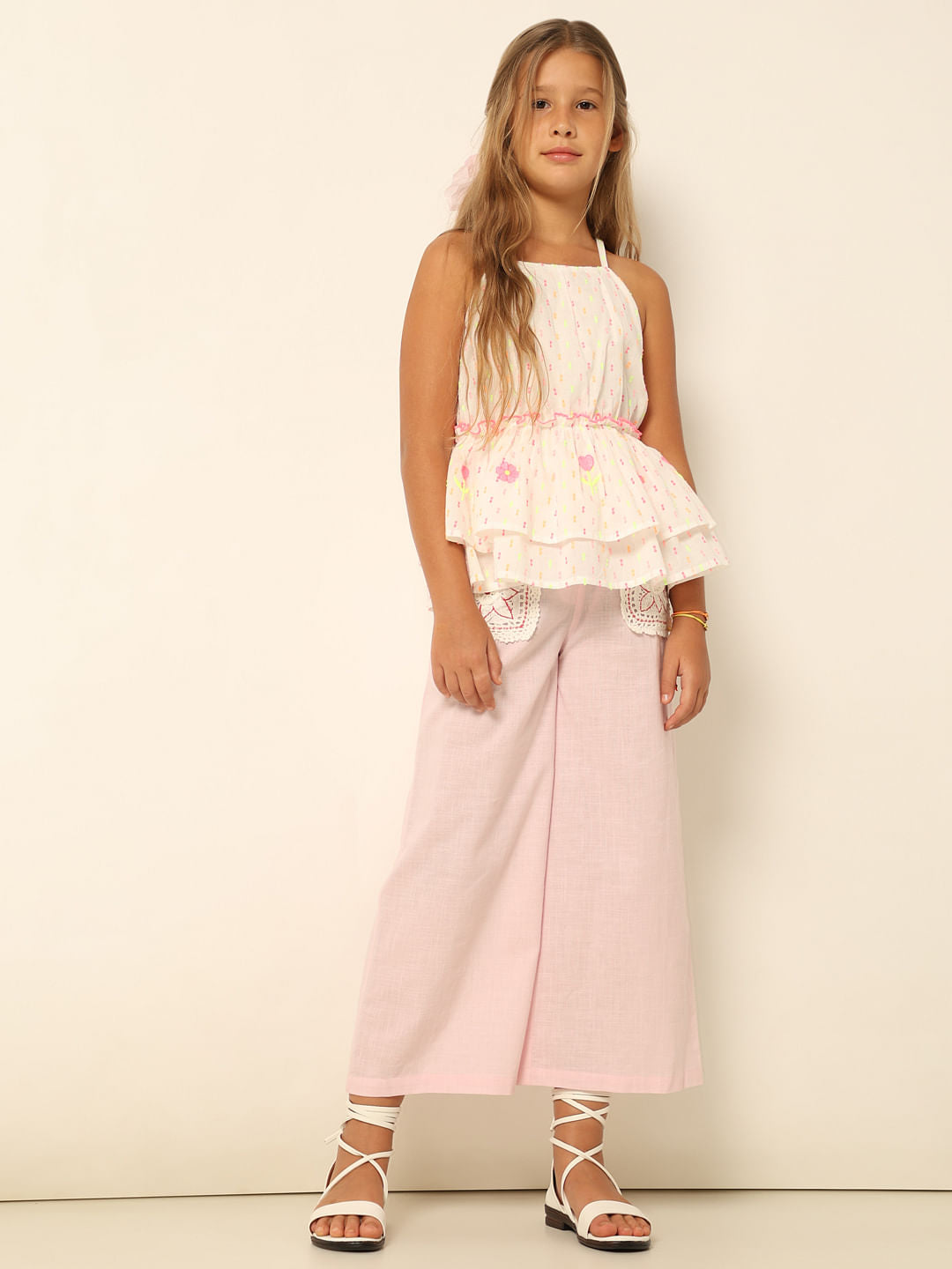 Pink Crochet Pocket Wide Leg Pants