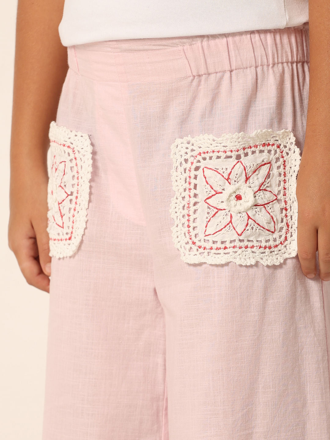 Pink Crochet Pocket Wide Leg Pants