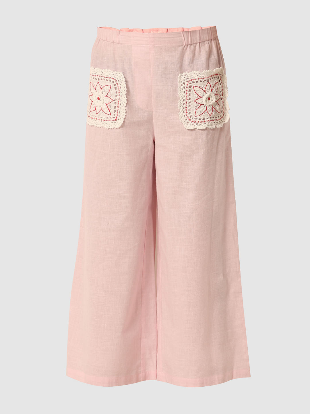Pink Crochet Pocket Wide Leg Pants