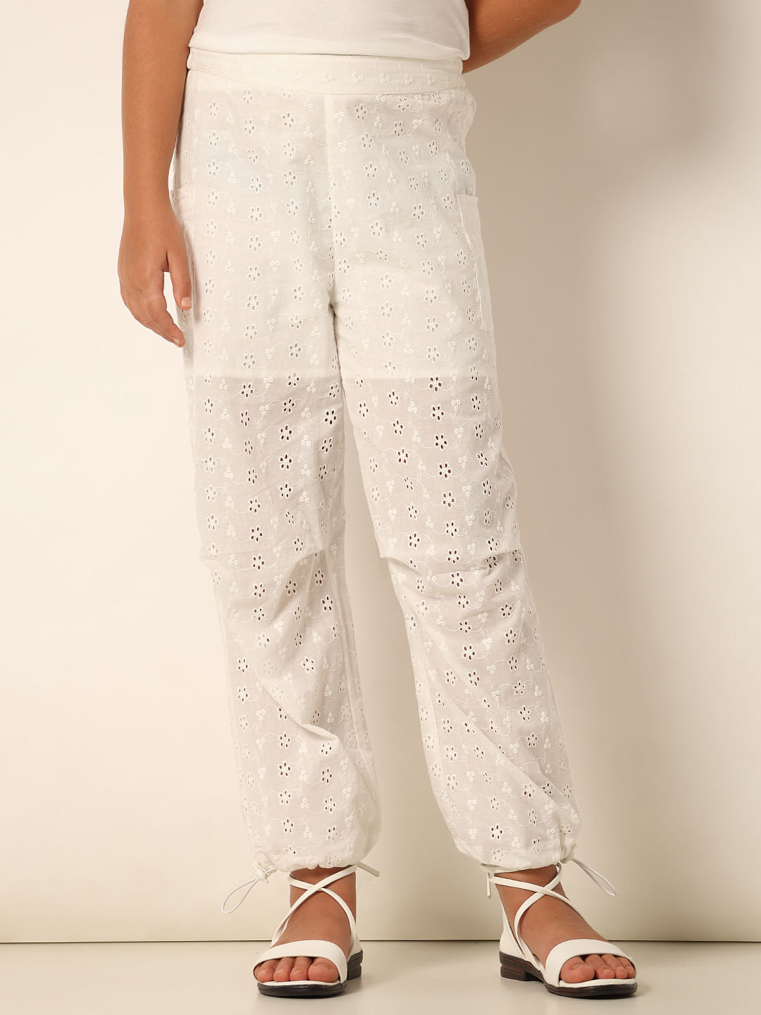 White Schiffli Cotton Joggers