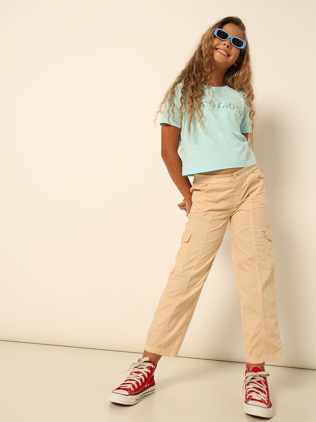 Girls Peach Mid Rise Cargo Pants