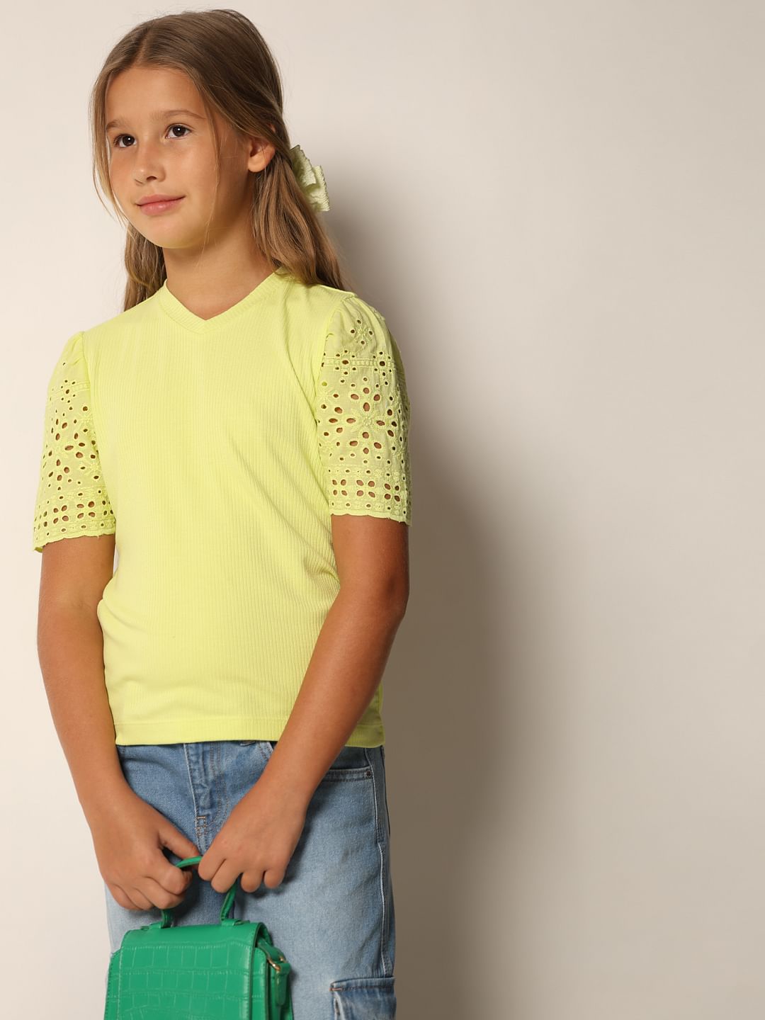 Lime Schiffli Sleeves T-Shirt