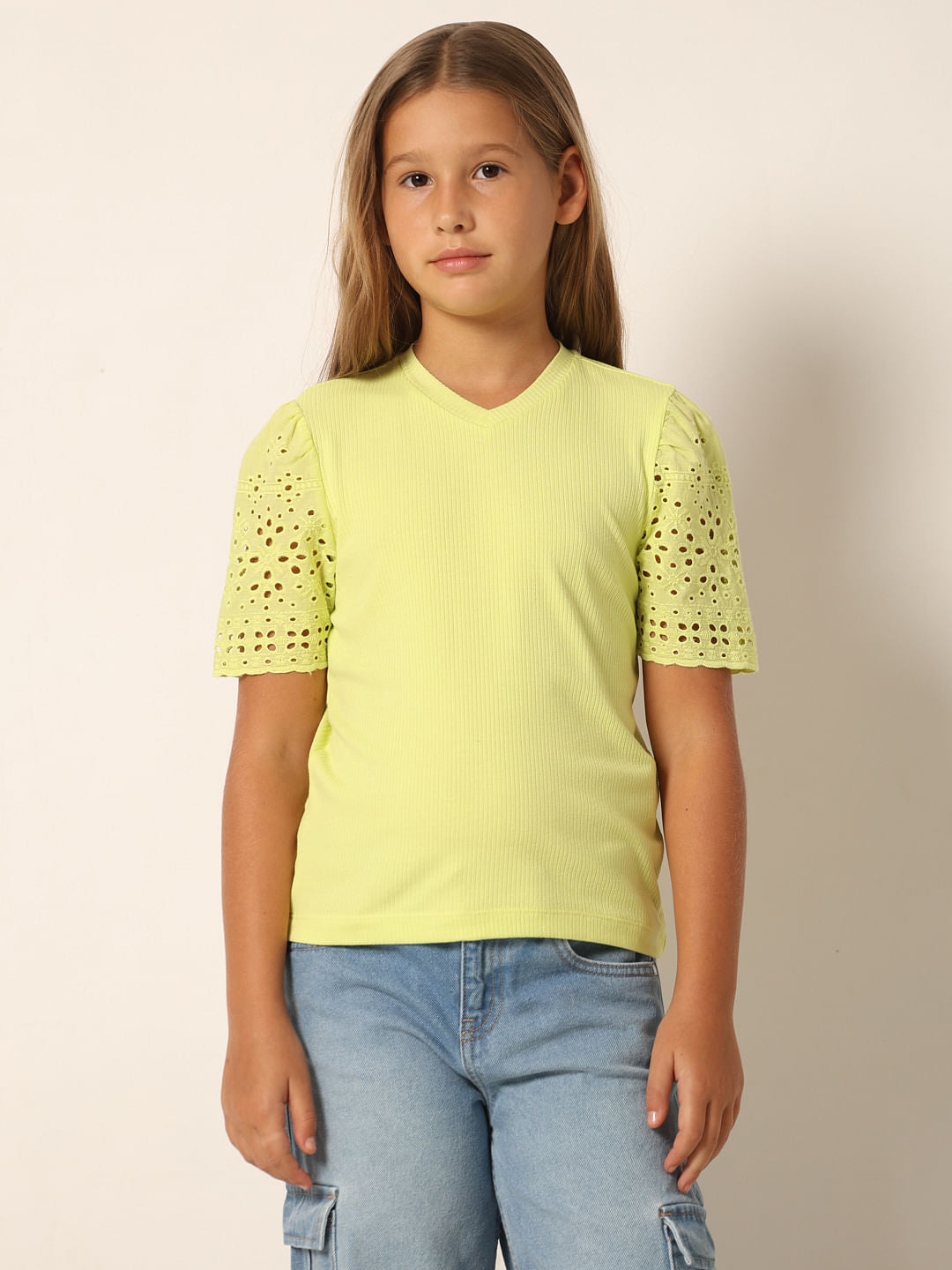 Lime Schiffli Sleeves T-Shirt