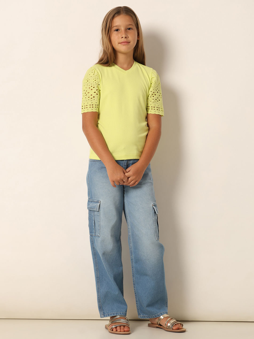 Lime Schiffli Sleeves T-Shirt