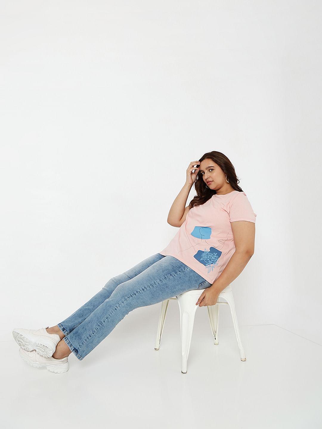Curve Light Pink Printed T-Shirt