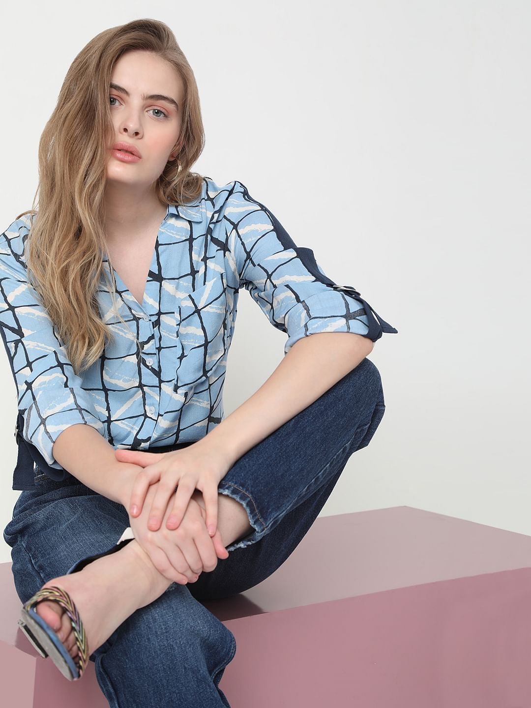 Blue Grid Print Shirt