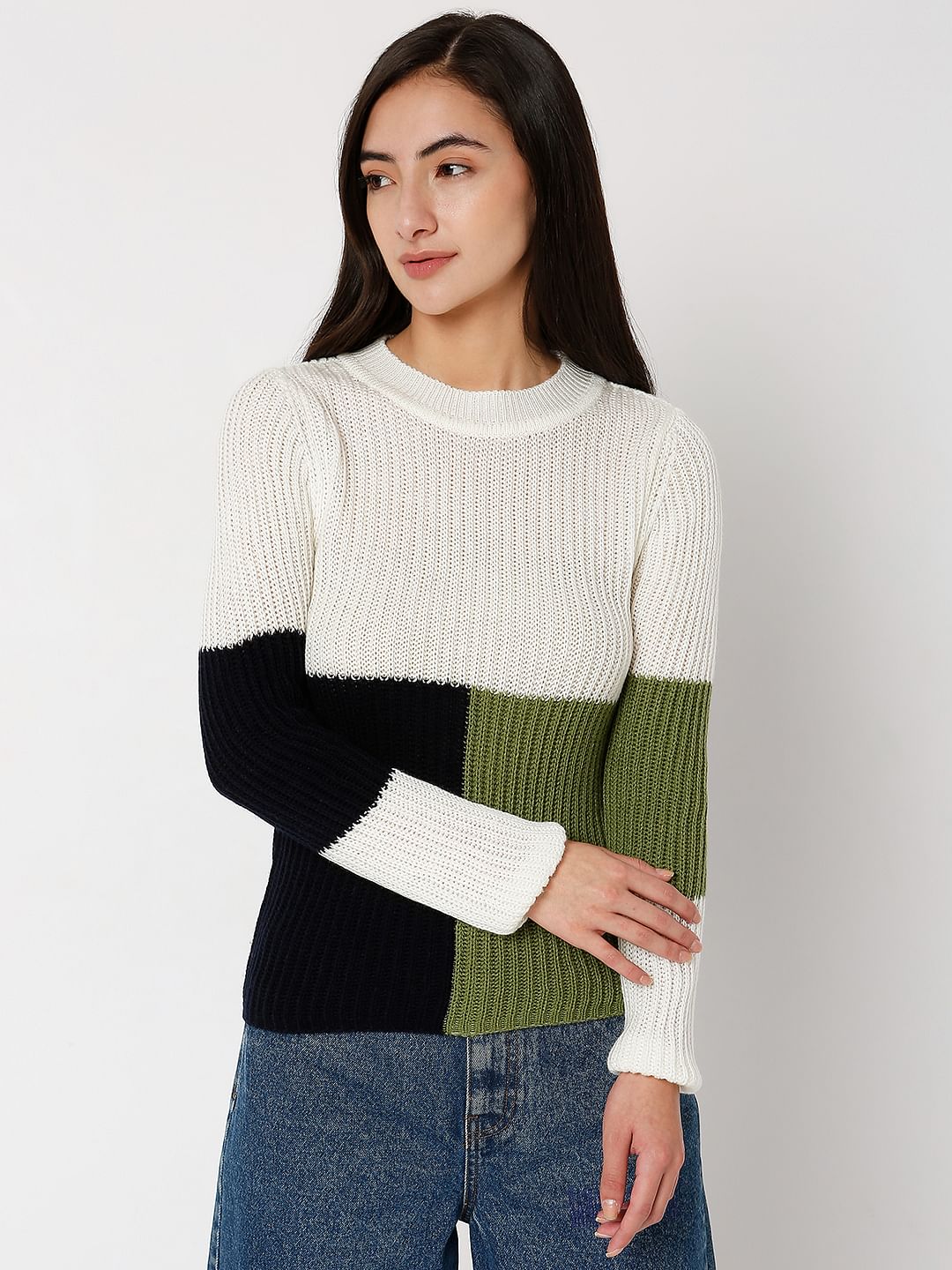 Green Colourblocked Sweater