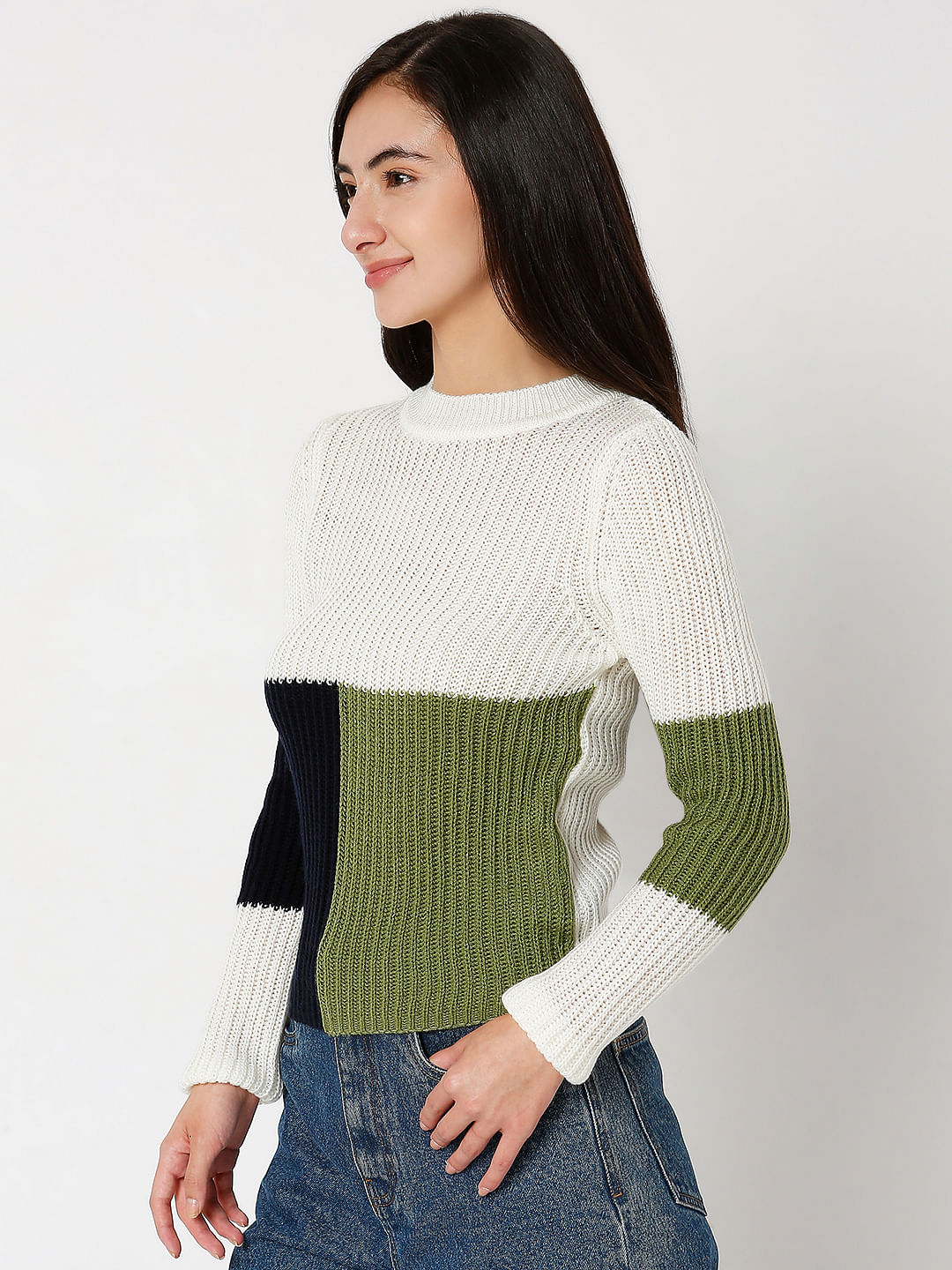 Green Colourblocked Sweater