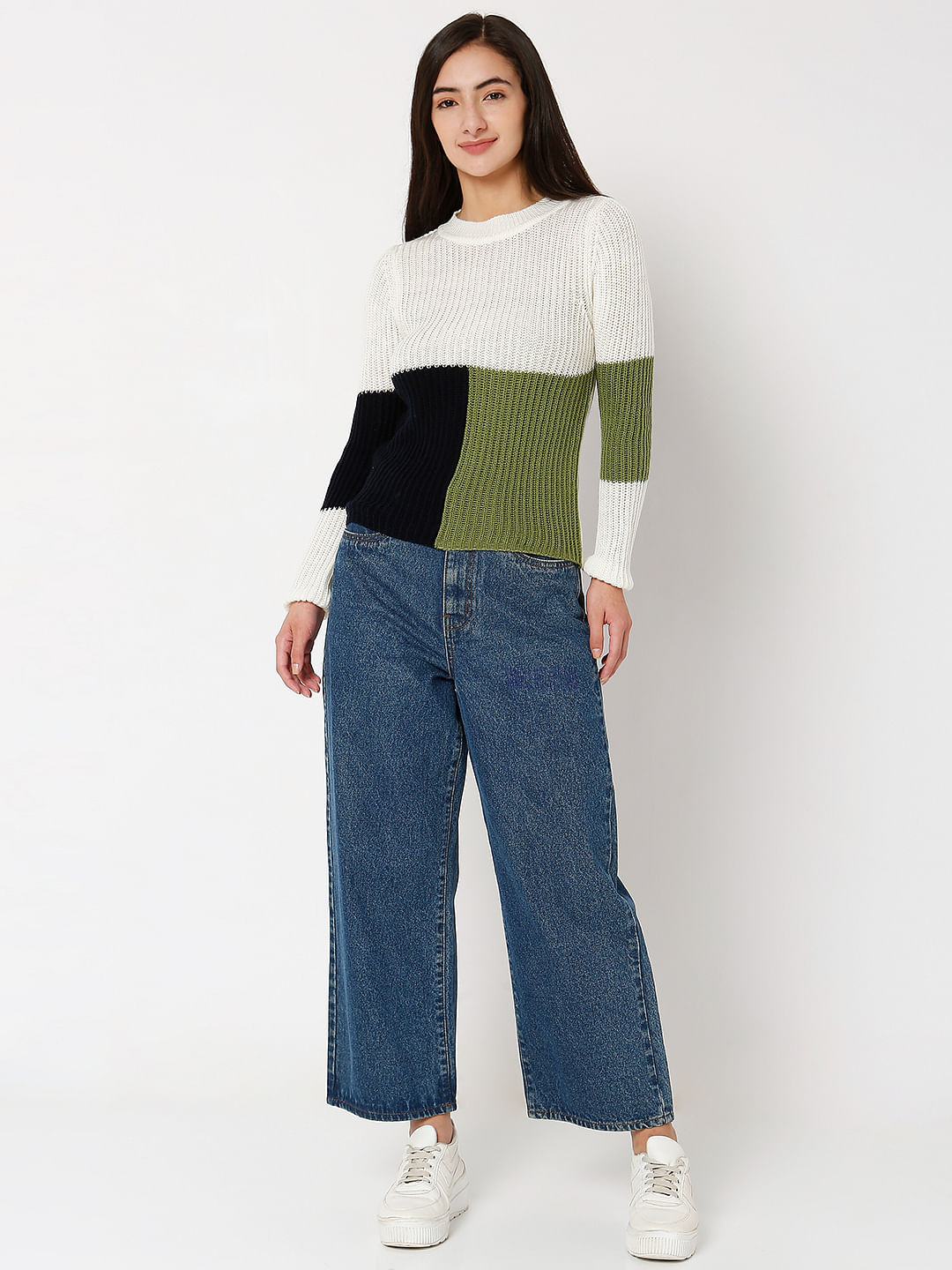Green Colourblocked Sweater