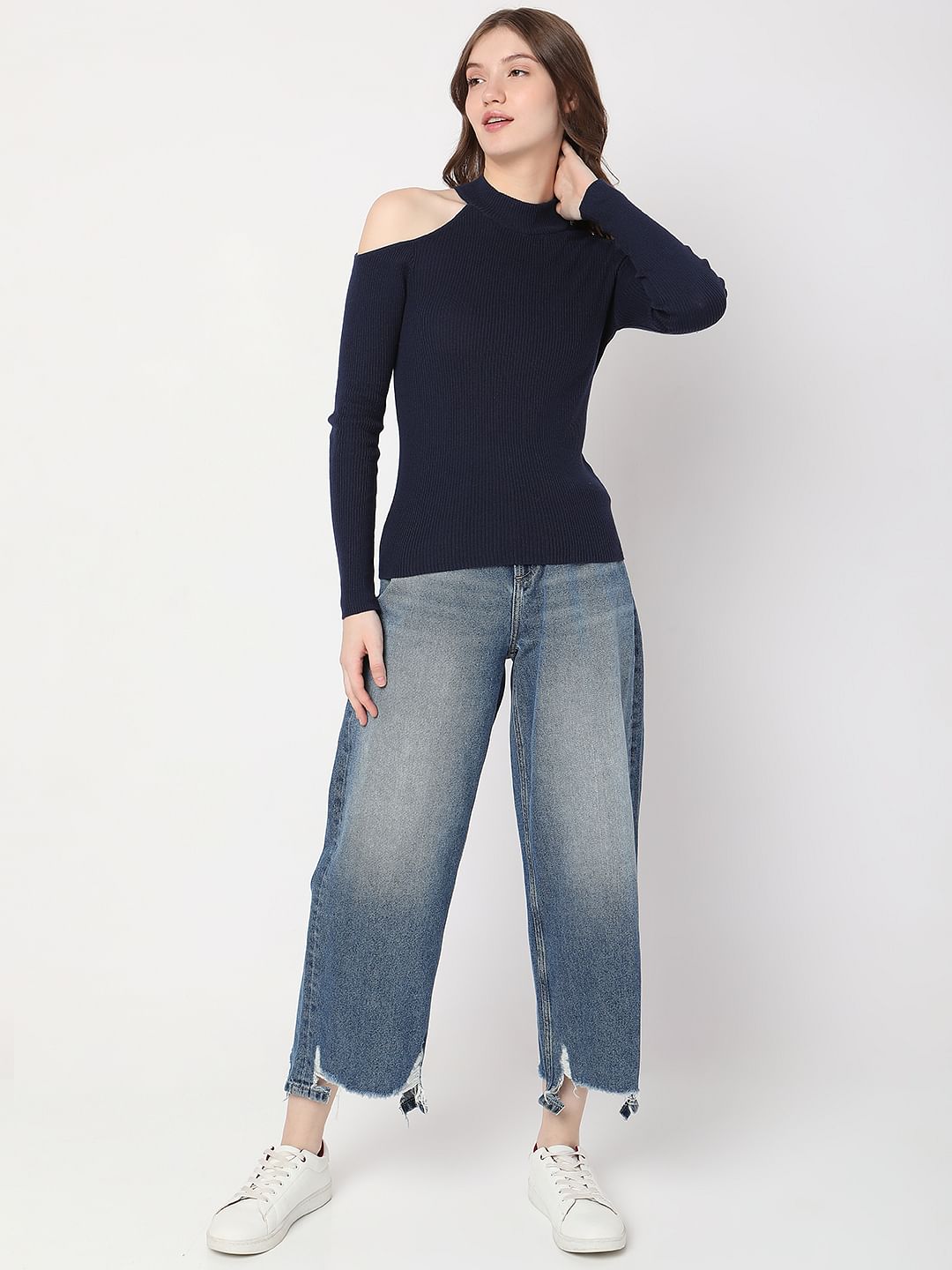 Navy Blue Cut-Shoulder Sweater