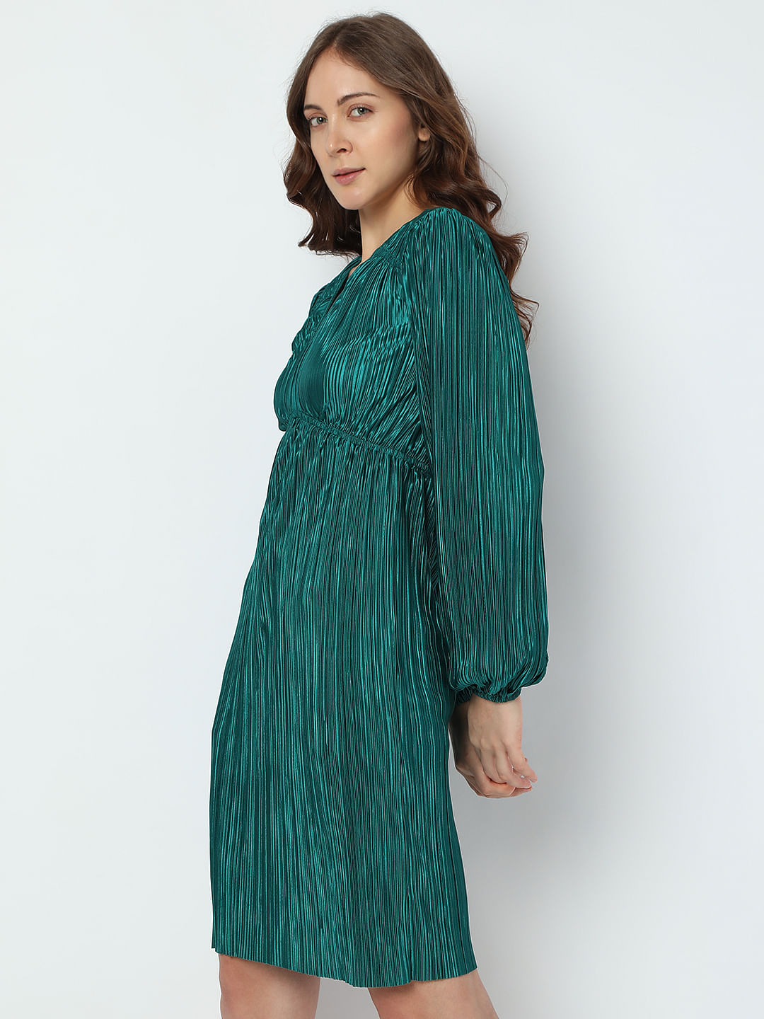 Green Plisse Shift Dress