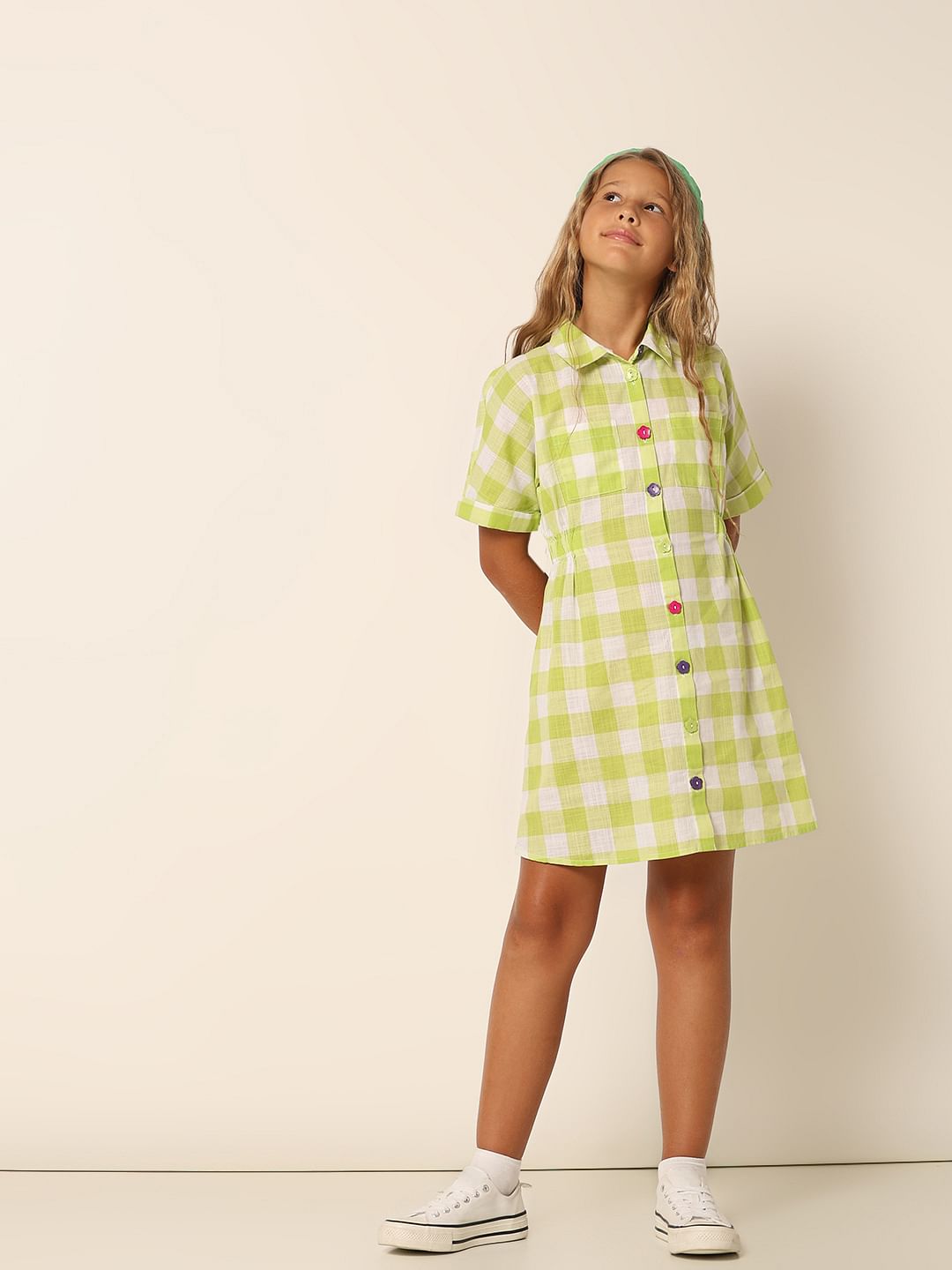 Green Check Print Shirt Dress