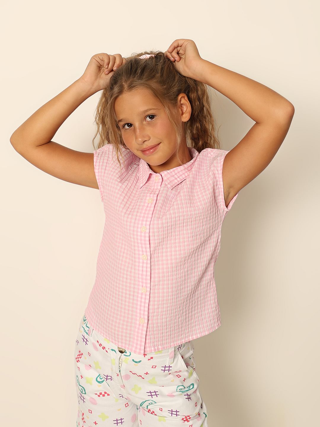 Girls Pink Check Print Shirt
