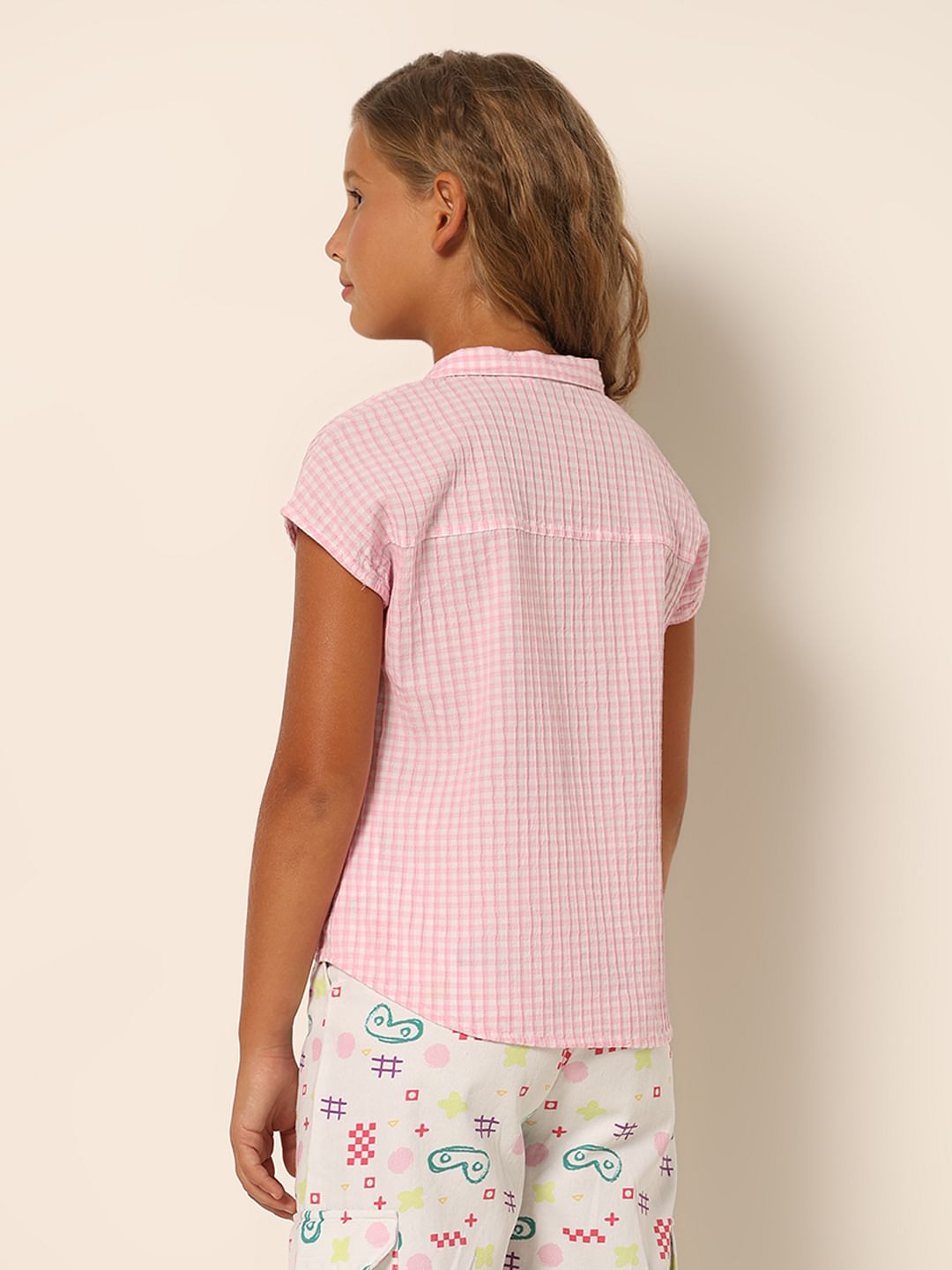 Girls Pink Check Print Shirt