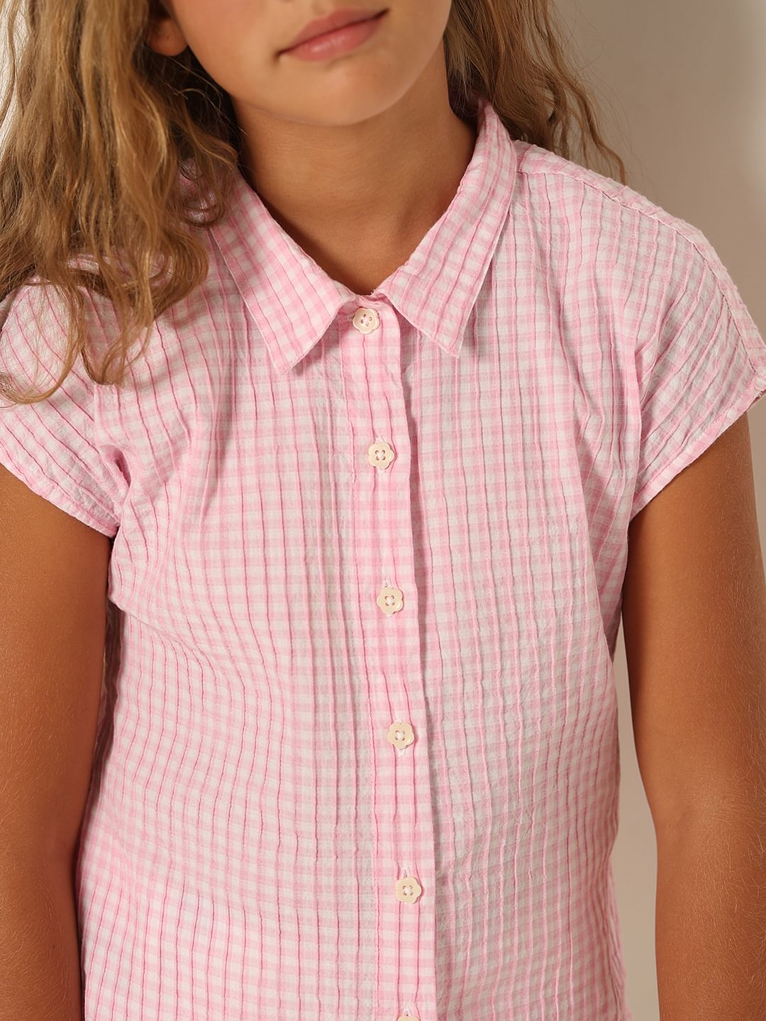 Girls Pink Check Print Shirt