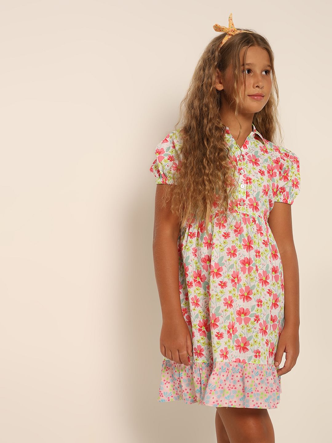 Girls White Floral Fit & Flare Dress