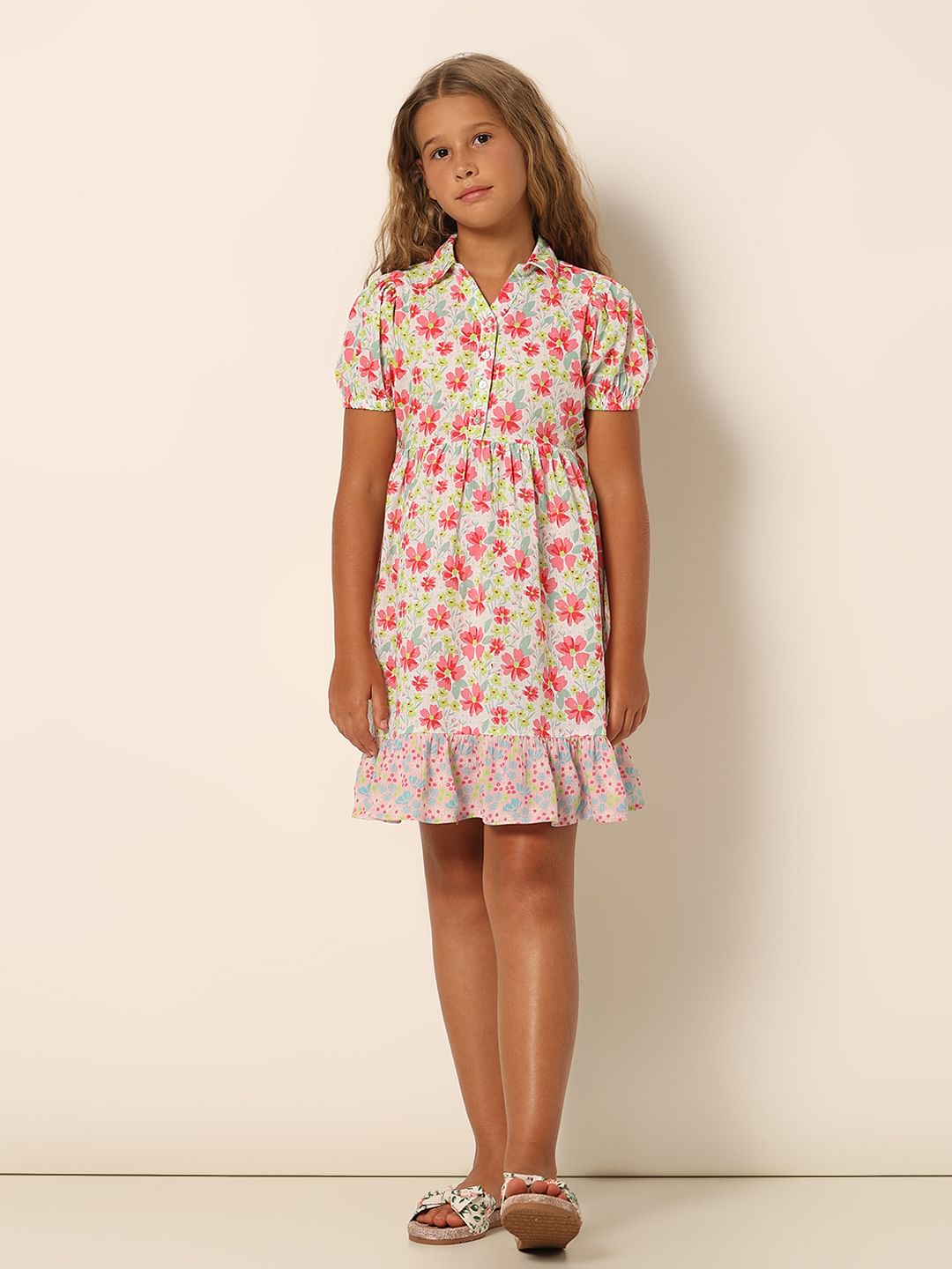 Girls White Floral Fit & Flare Dress