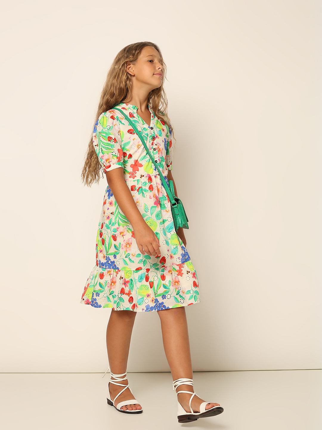 Girls White Floral Textured Dress
