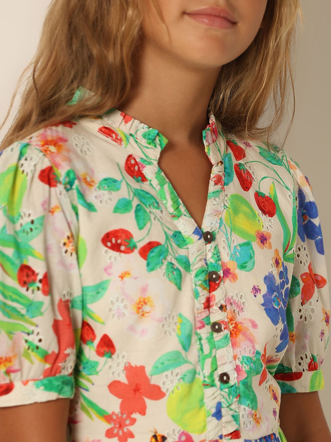 Girls White Floral Textured Dress