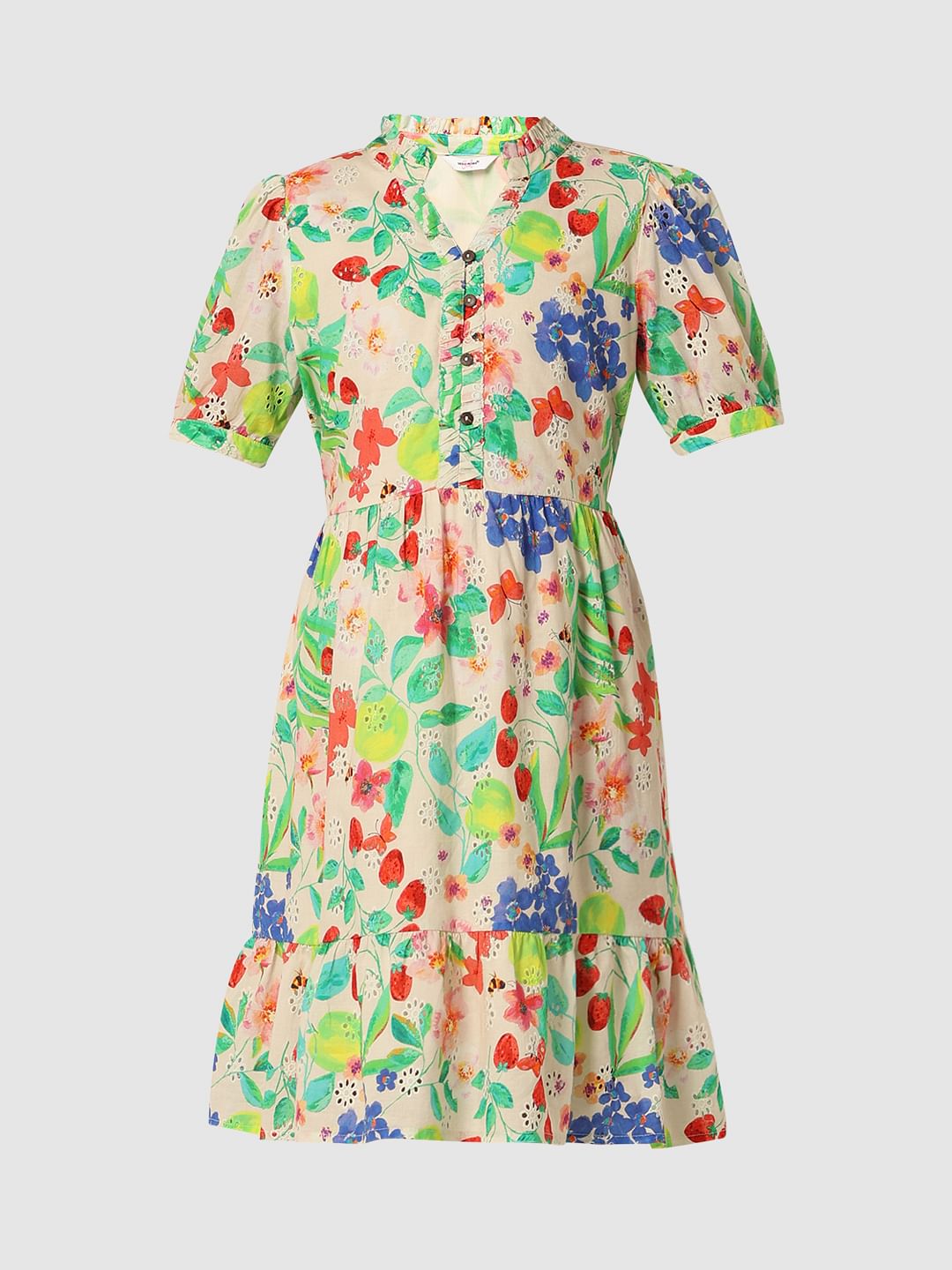 Girls White Floral Textured Dress