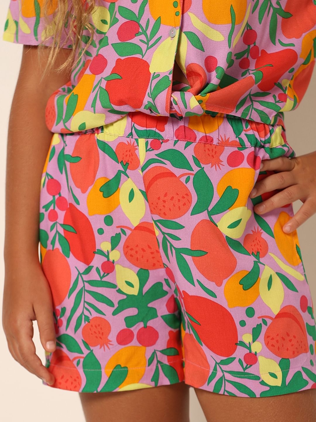 Girls Purple Printed Co-Ord Set Shorts