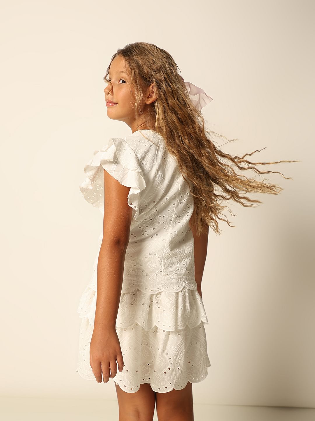 White Schiffli Co-Ord Set Top - 4Y