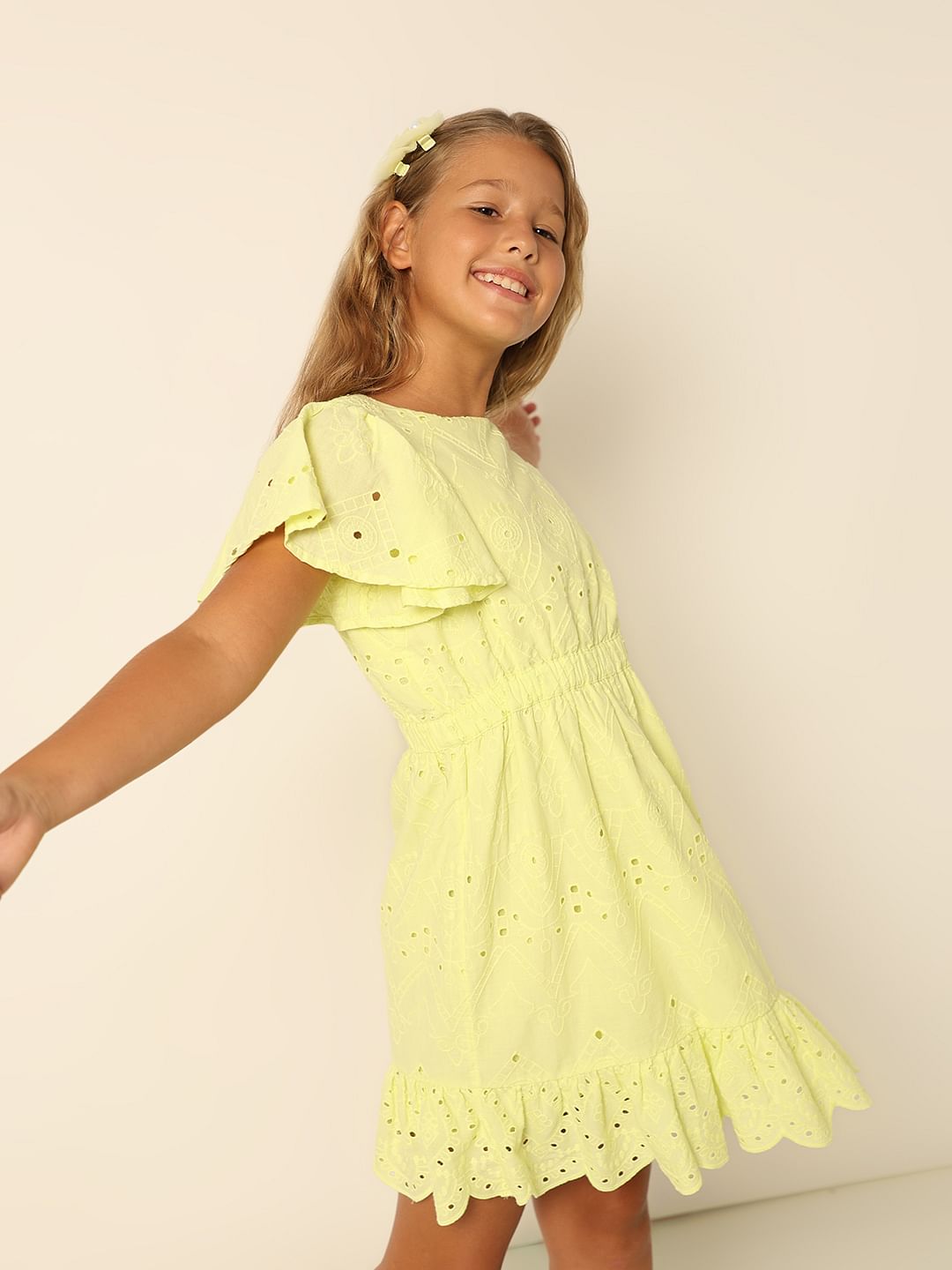 Girls Green Schiffli Fit & Flare Dress