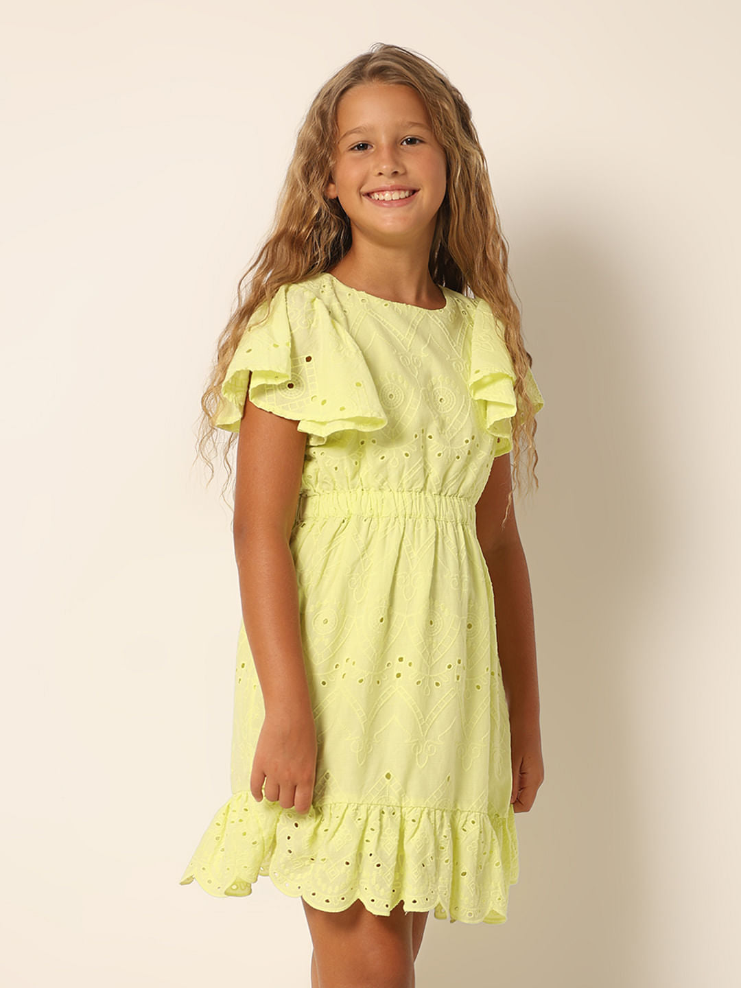Girls Green Schiffli Fit & Flare Dress