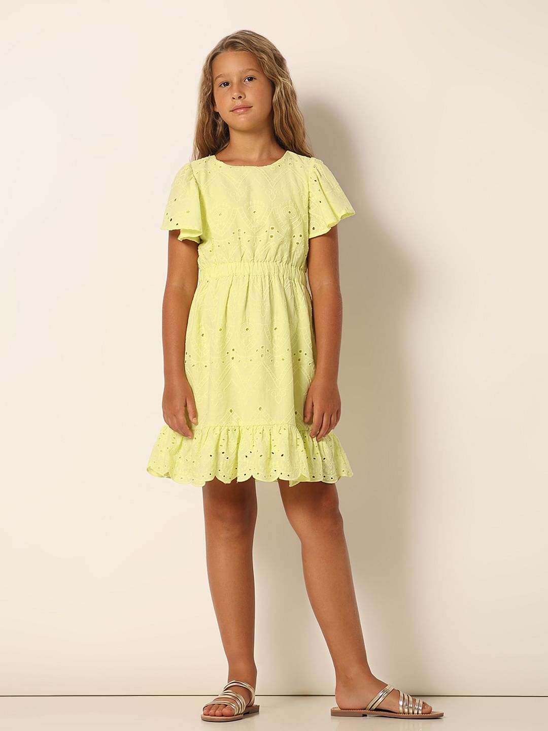 Girls Green Schiffli Fit & Flare Dress