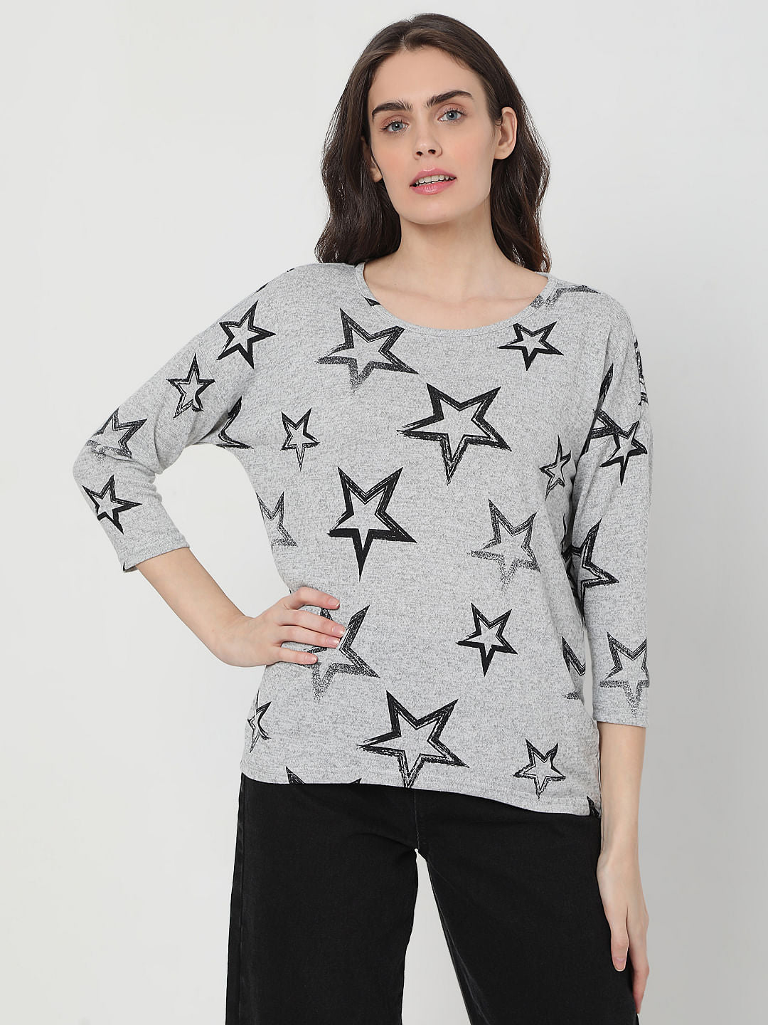 Grey Star Print Top