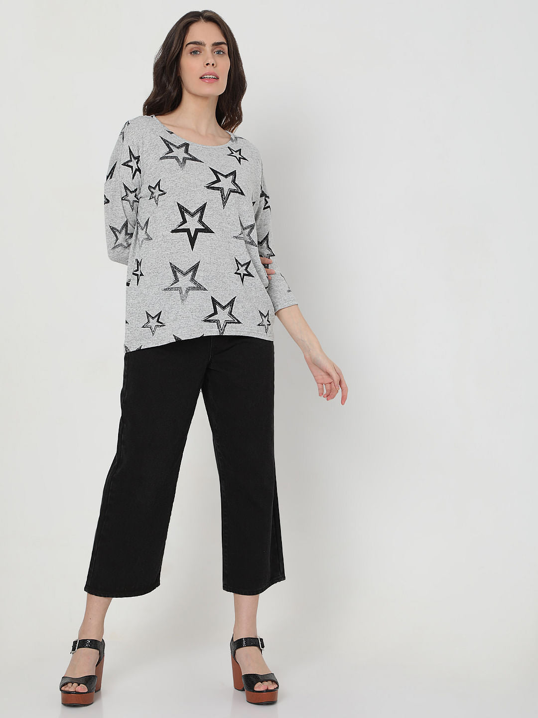 Grey Star Print Top