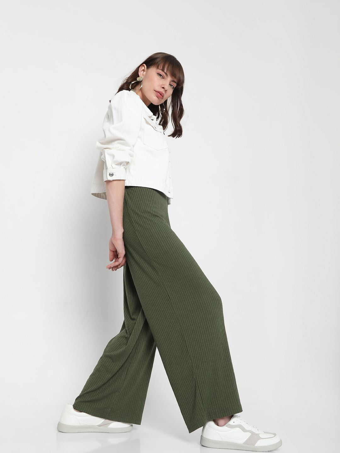 Green Ribbed Wide Leg Pants
